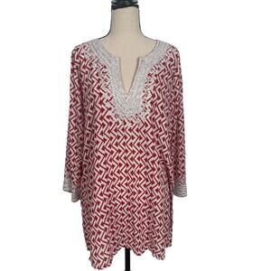 Roberta Roller Rabbit Geometric Embroidered Tunic Red White Size Medium